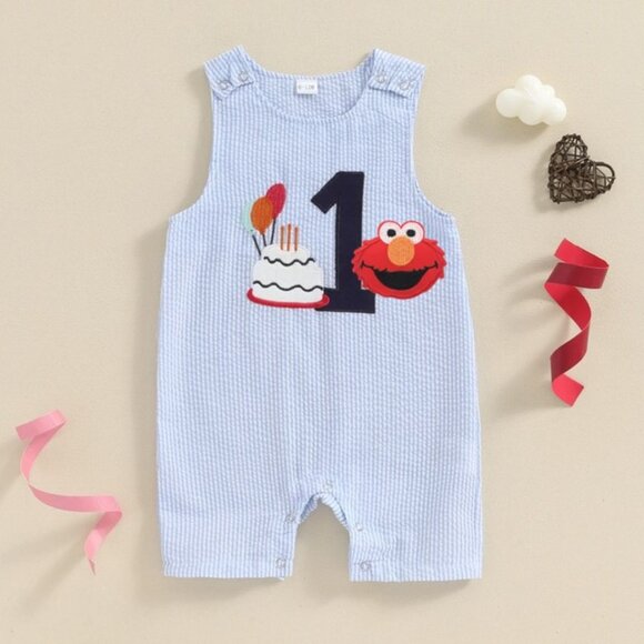 Blue Boy Romper First Birthday Shirt Elmo Clothes Shortall Romper Sesame Outfit - Picture 1 of 3